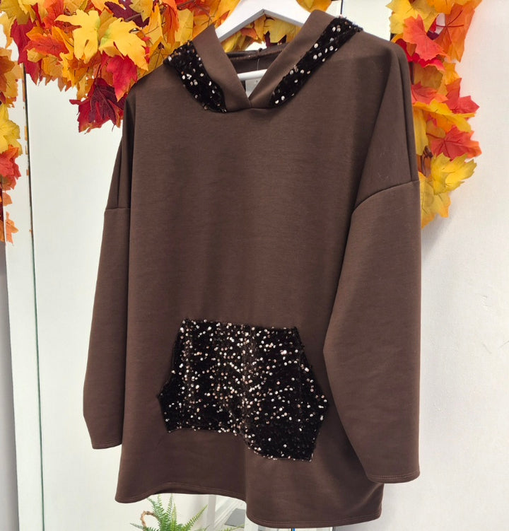 Sparkly Oversized Hoodie with Kangaroo Pockets - Chocolate (One Size/Curvy, fits from Size 12 up to  Size  18/20)