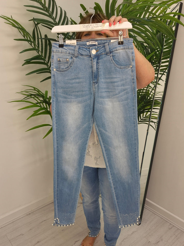 Crystal & Pearl Ankle Grazer Jeans - Stonewashed - (choose your Size)