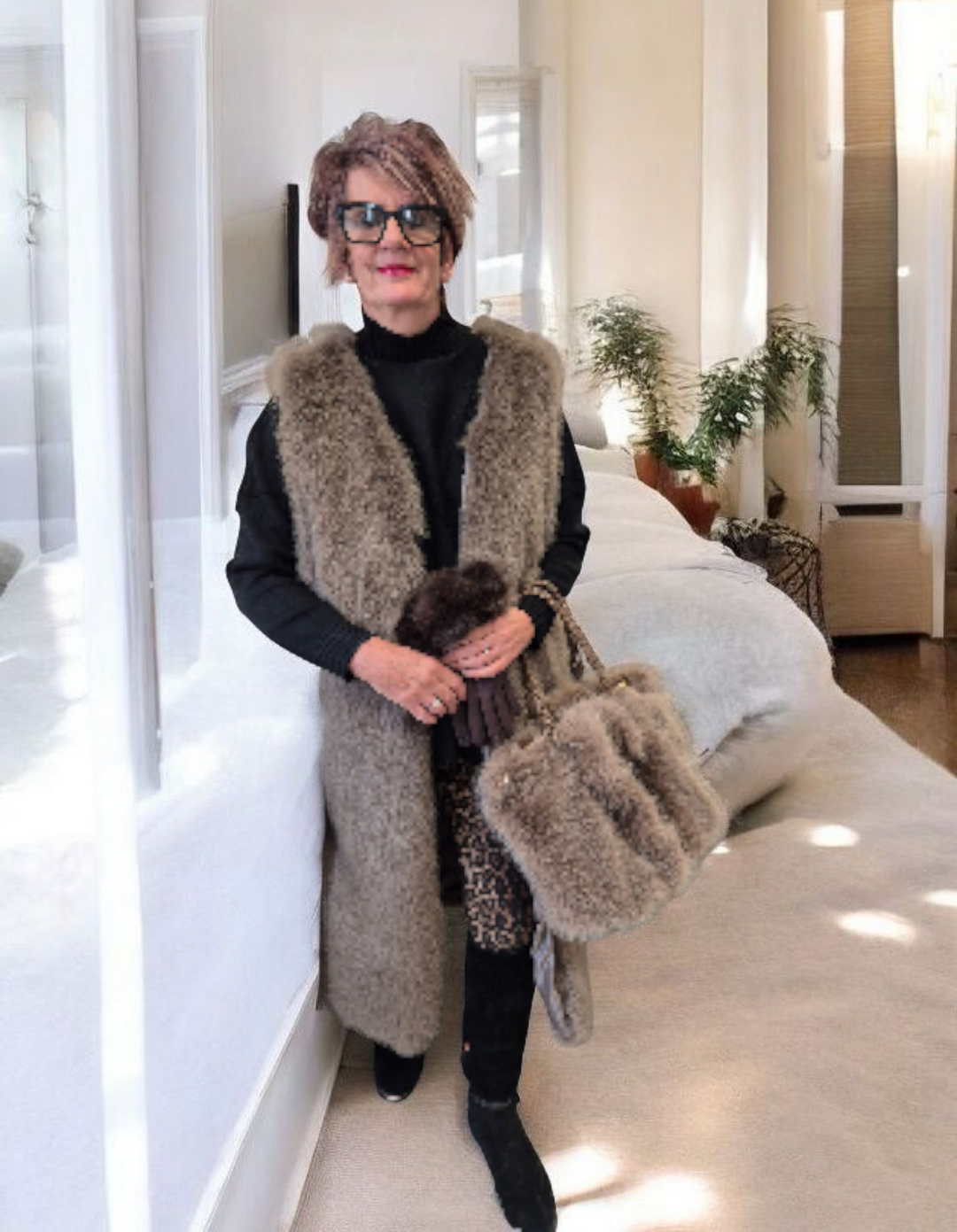 Oslo Faux Fur Longline Gilet - Mocha (One Size - fits from Size 10 up to Size 16)