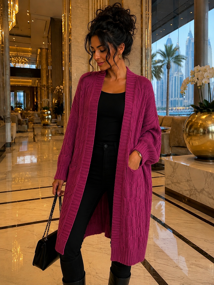 Kensington Longline Cable Knit Cardigan - Berry (One Size)