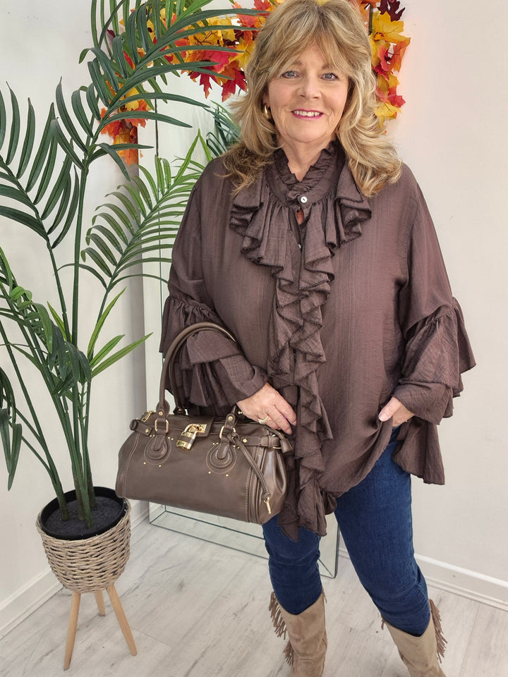Rhea Ruffle Blouse - (One Size, fits from Size 14 up to Size 18/20) - Chocolate