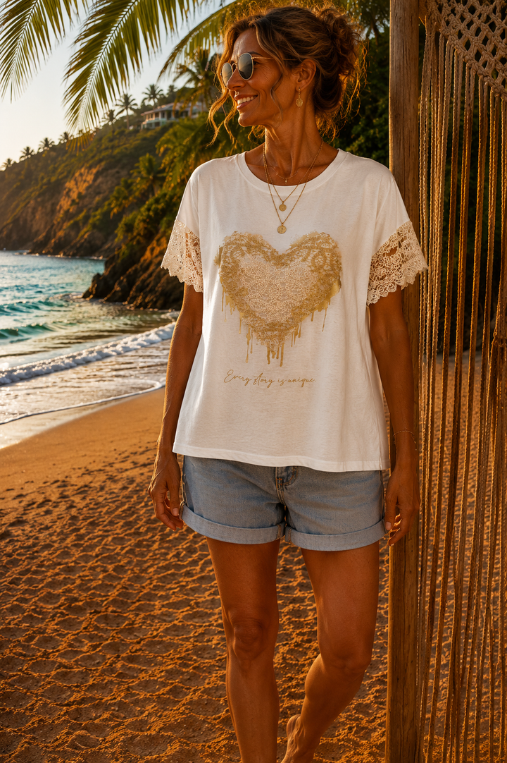 Valencia Hearts Tee - One Size (fits from Size 10 up to Size 16) - White/Gold