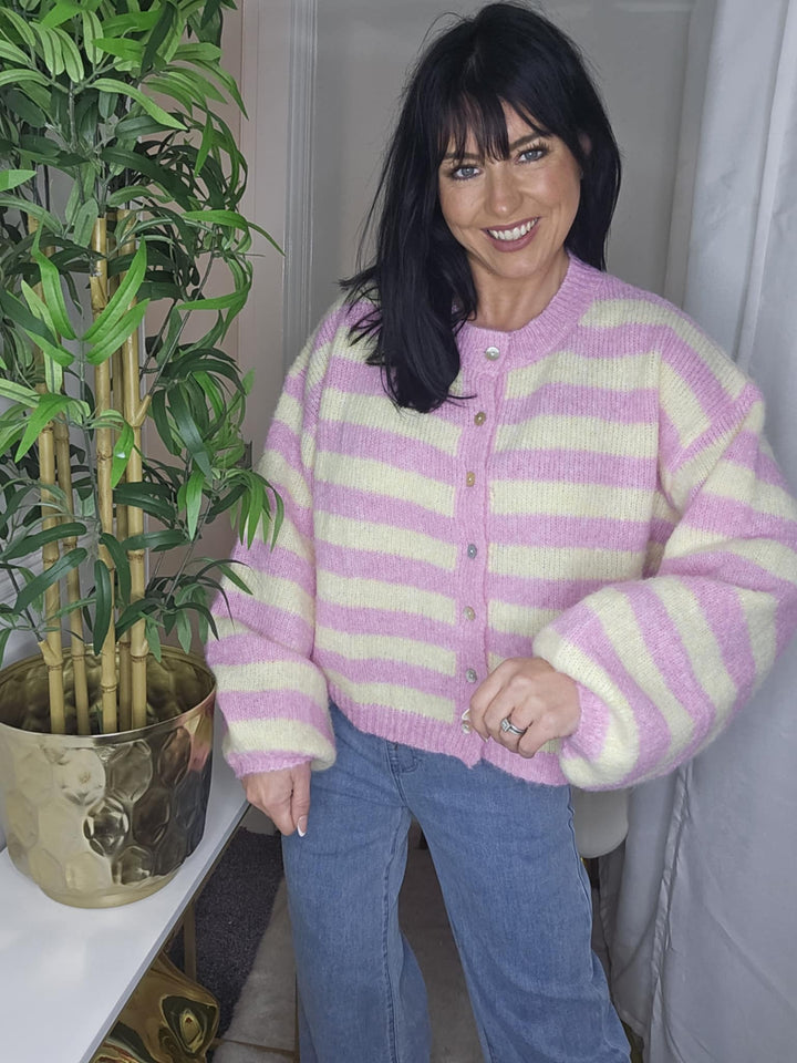 Amelia Striped Cosy Cardigan (One Size from Size 8 up to Size 16) - Lemon/Pink