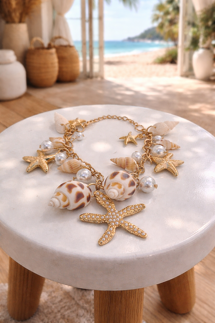 Sea Life Shells & Starfish Bracelet (Gold Tone)