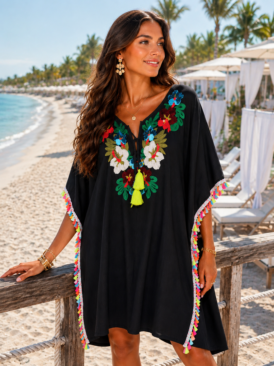 Ibiza Sparkly Tassel Beach Dress One Size/Curvy - fits 12 up to Size 18/20) - Black/Multi