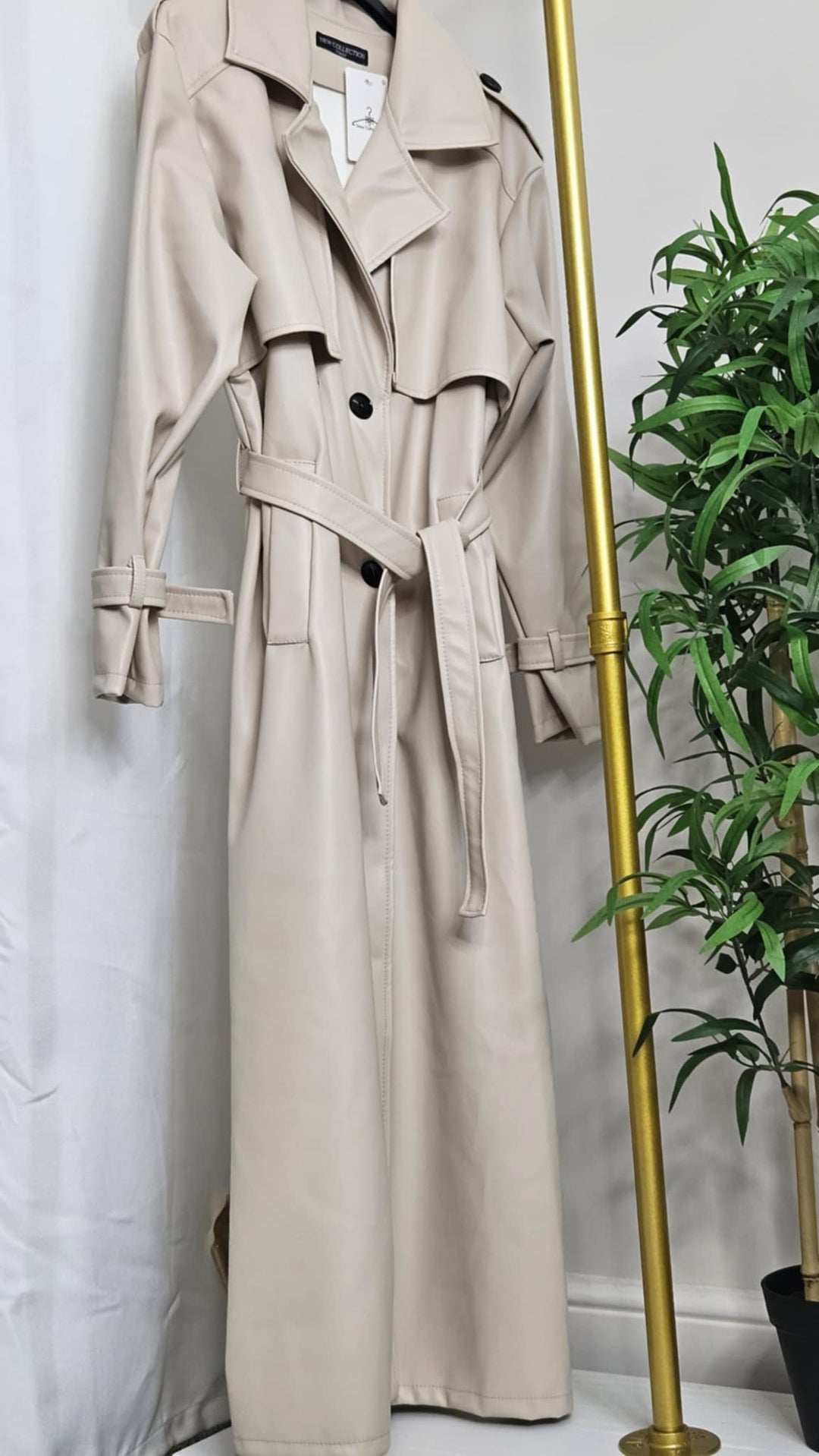 Sandringham PU Longline Trench Coat - Beige (One Size fits Size 10 up to Size 16)