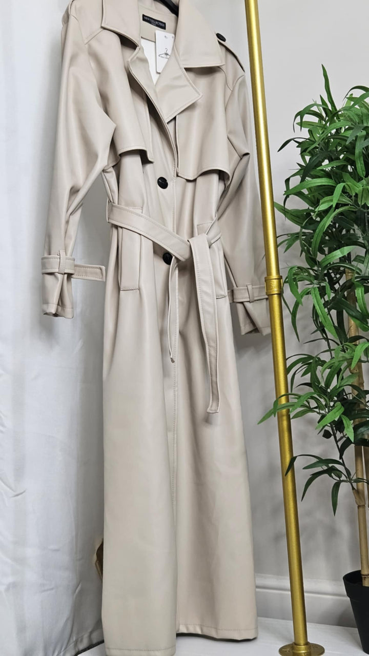 Sandringham PU Longline Trench Coat - Beige (One Size fits Size 10 up to Size 16)