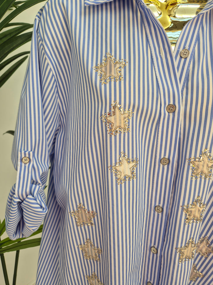 Stars Pin Stripe Oversized Shirt - (One Size/Curvy - fitting from Size 14 up to Size 20) Blue