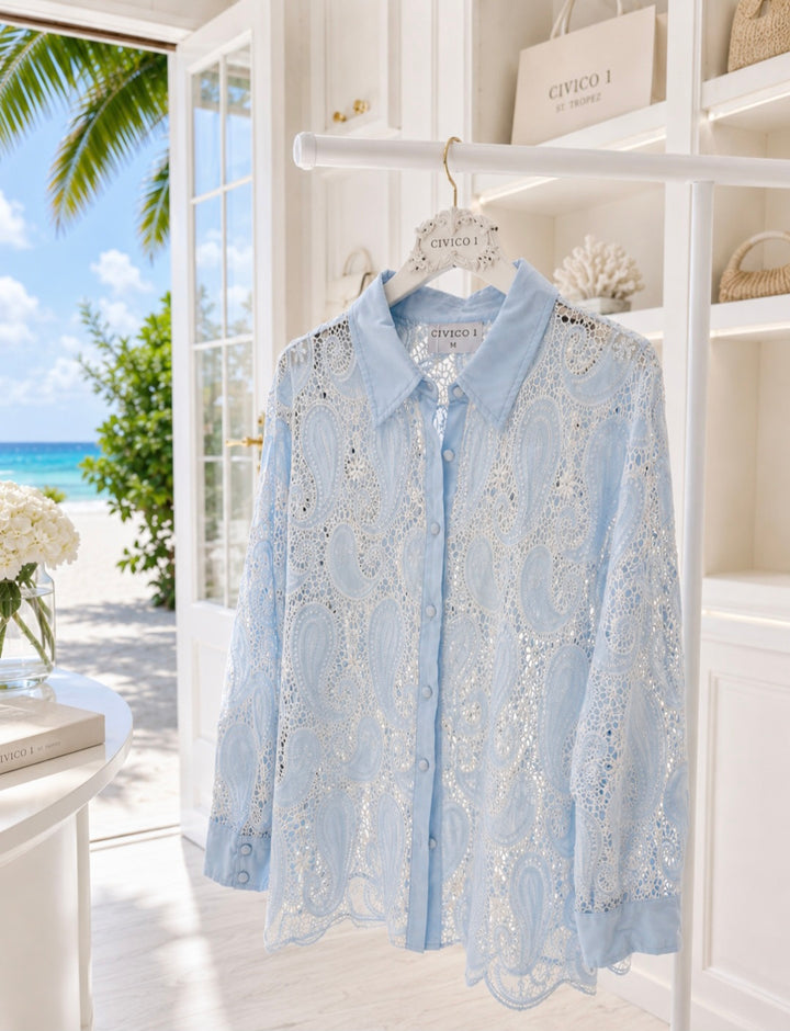 Samara Oversized Crochet Lace Shirt - (One Size, fits from Size 14 up to Size 20) - Blue/White