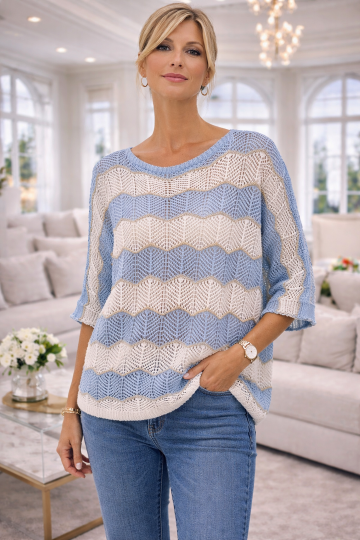 Verity Sparkly Zig Zag Crochet Top (Loose Fit/One Size - fits from Size 12/14 up to Size 16/18) - Blue/White/Gold