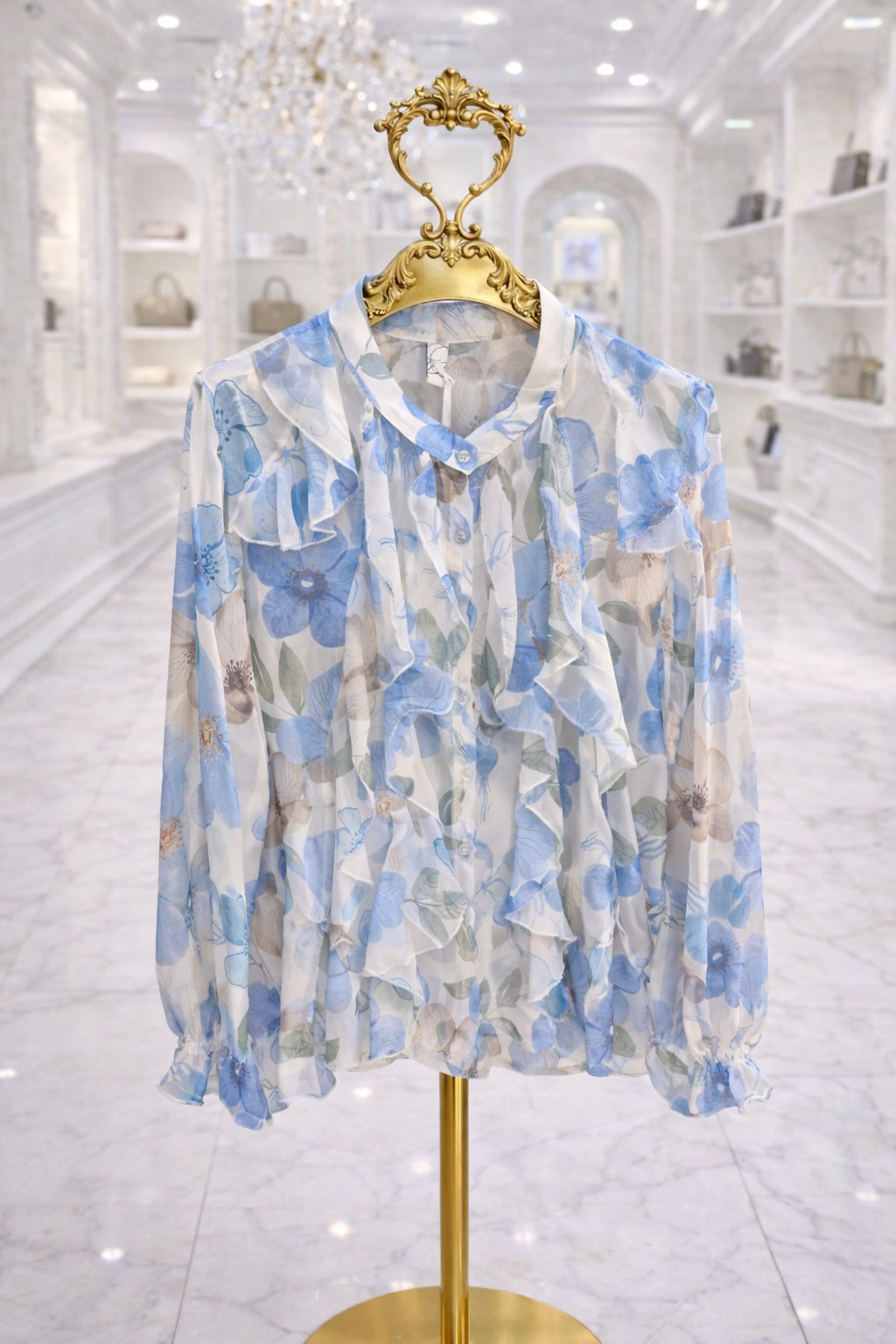 Rosa Floral Ruffle Blouse (One Size/Curvy - fits from Size 14 up to Size 18) - Blue