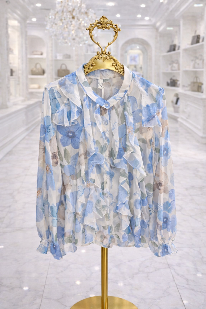 Rosa Floral Ruffle Blouse (One Size/Curvy - fits from Size 14 up to Size 18) - Blue