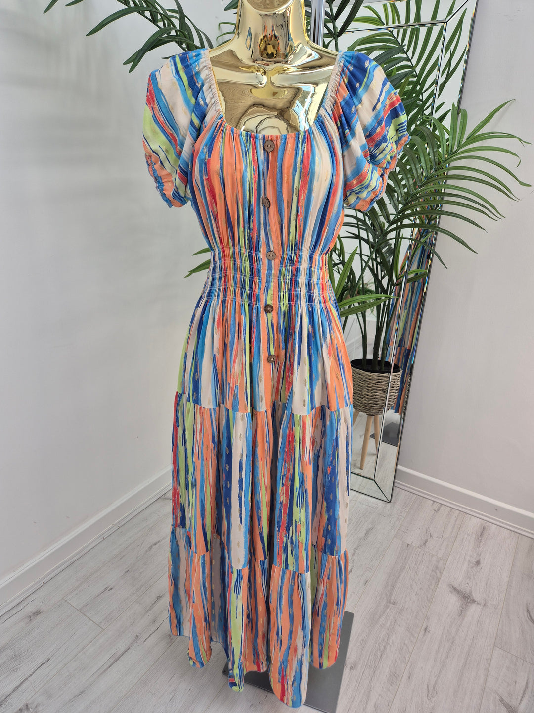 Malaga Midi Dress - Blue/Multi/Gold - (One Size/Curvy, fitting from Size 10 to Size 16/Small 18)