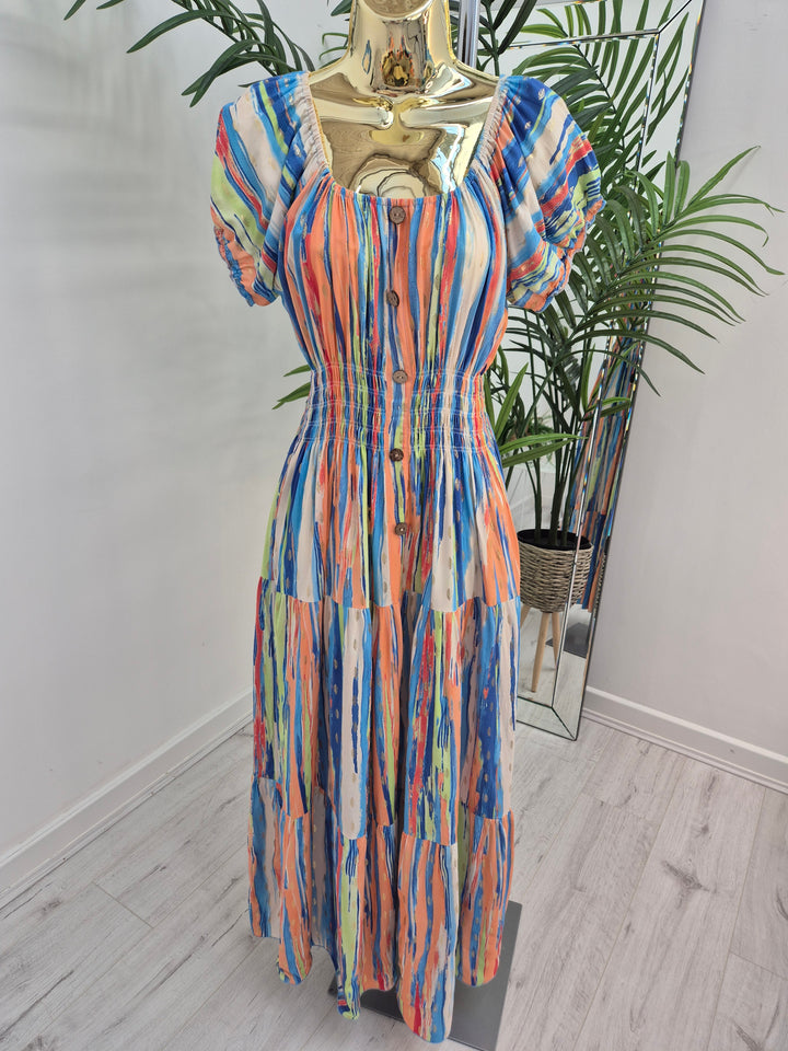 Malaga Midi Dress - Blue/Multi/Gold - (One Size/Curvy, fitting from Size 10 to Size 16/Small 18)