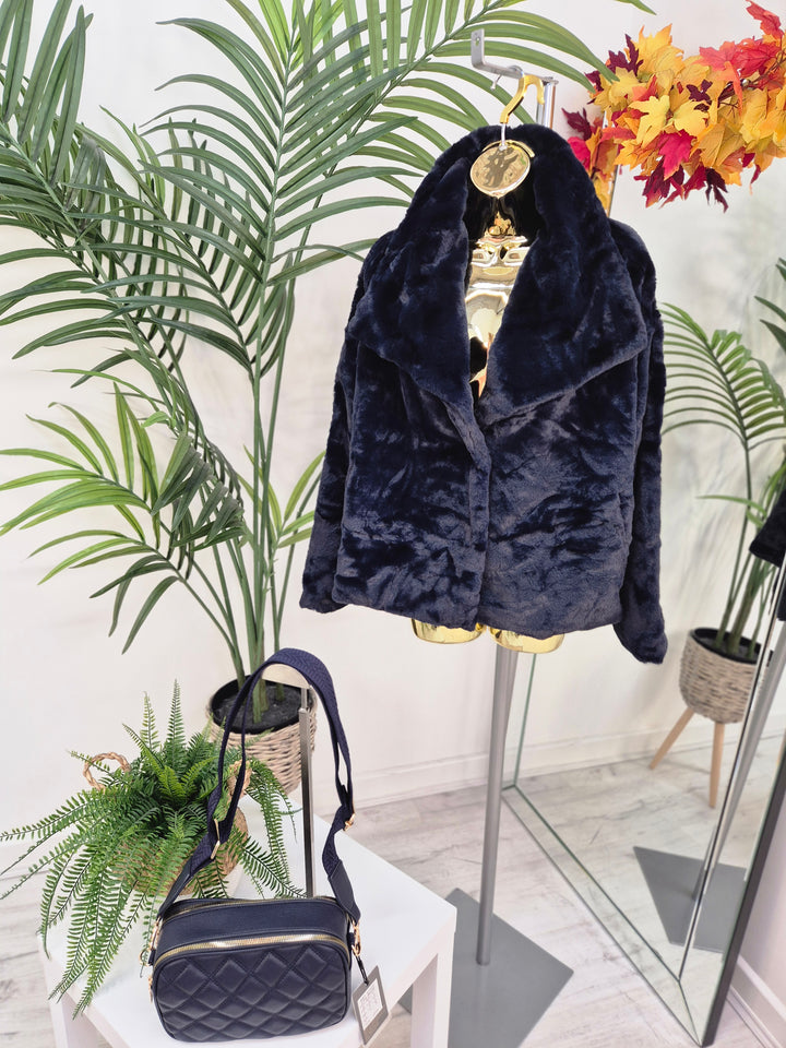 Oslo Faux Fur Medium Length Coat - Navy (One Size - fits from Size 10/12 up to Size 16/18)