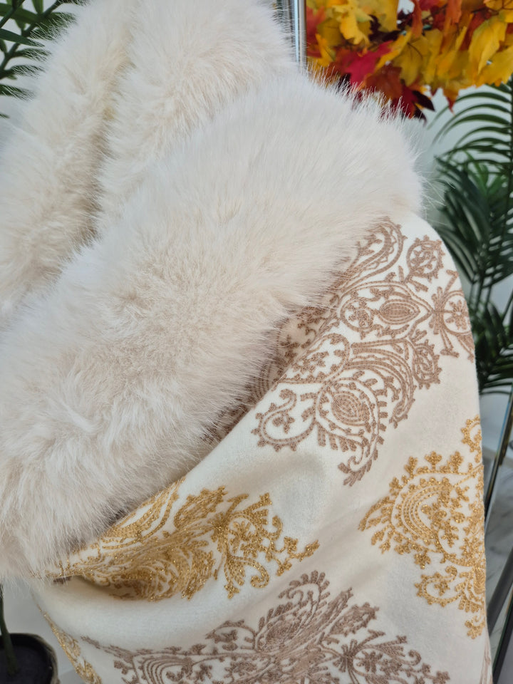 Oslo Faux Fur Shawl/Wrap - Winter White/Gold (Oversized)