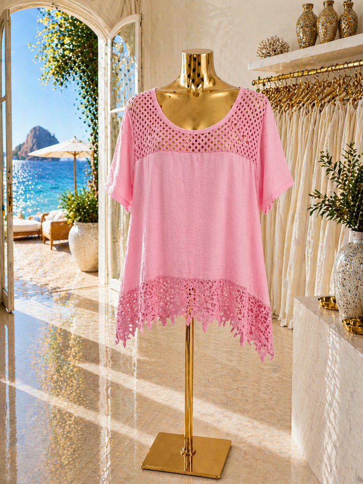 St Lucia Oversized Top with Crochet Trim (One Size/Curvy fitting from Size 14/16 up to Size 20) - Pink