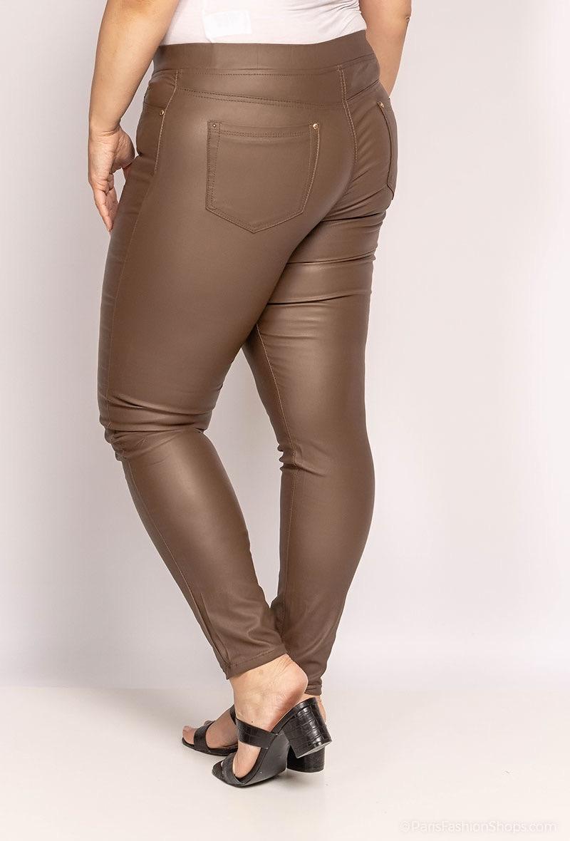 Emma Pull On PU Coated Jeans - Chocolate (choose your Size)