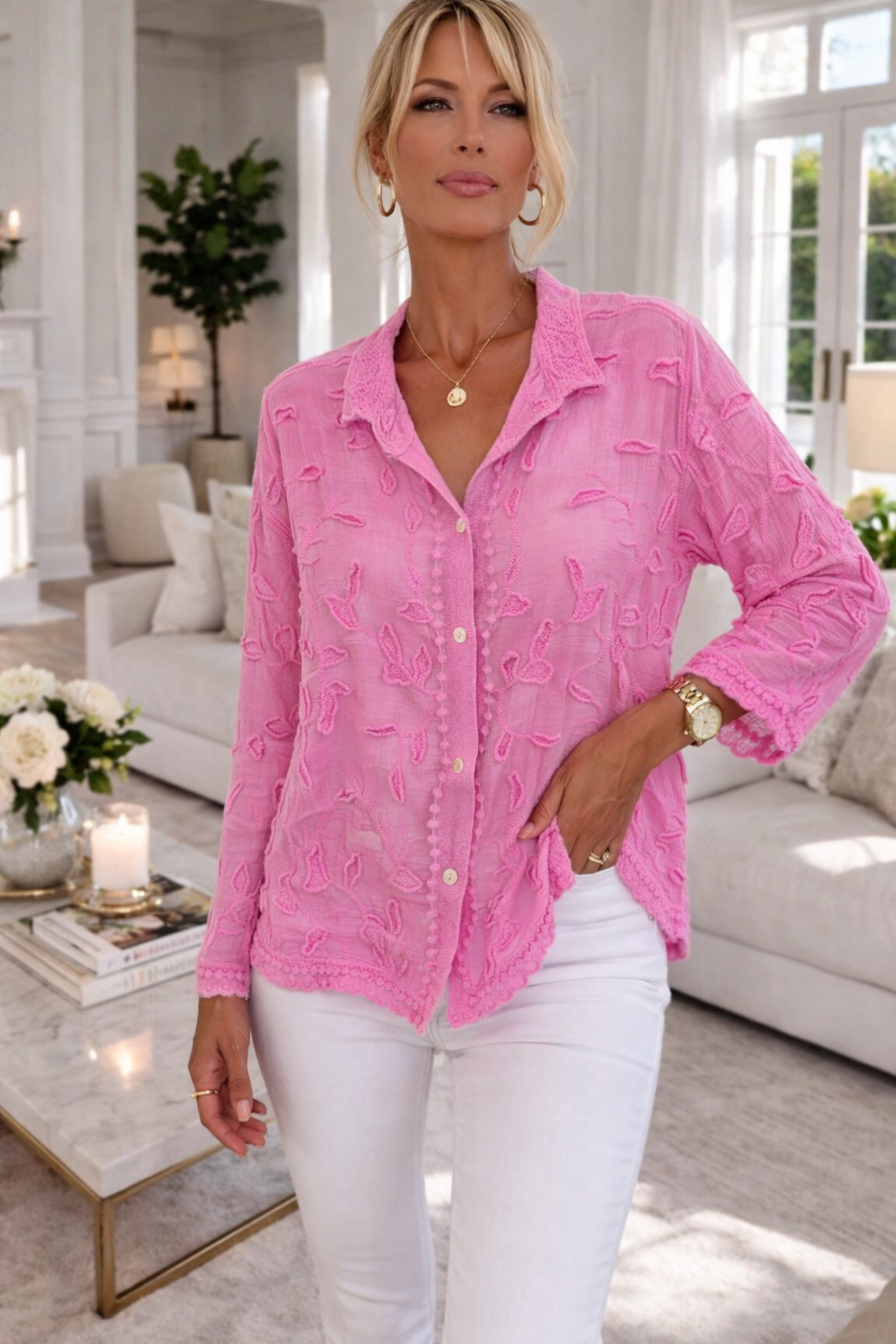 Anthea Applique Blouse - Pink (One Size/Curvy - fits from Size 12/14 up to Size 18)