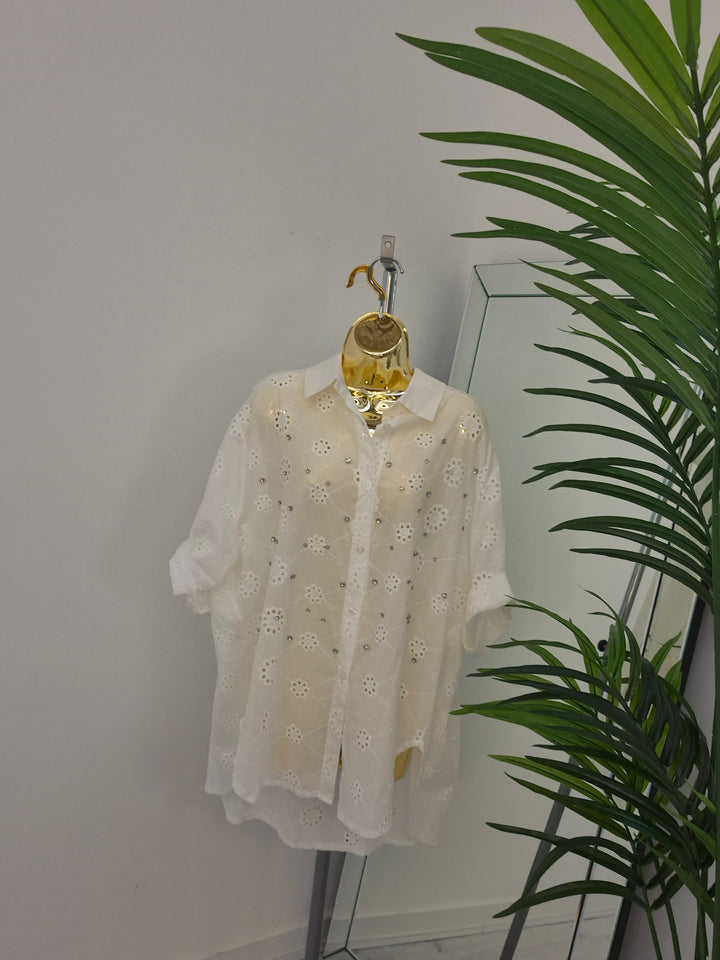 Zeta Otto Broderie Anglaise Blouse with Crystals - White (Oversized)