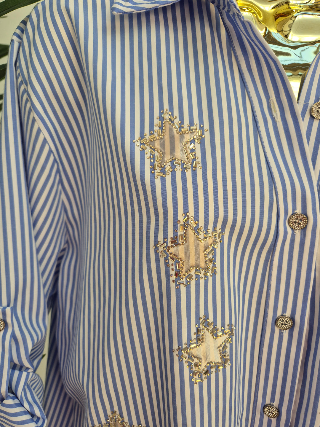 Stars Pin Stripe Oversized Shirt - (One Size/Curvy - fitting from Size 14 up to Size 20) Blue