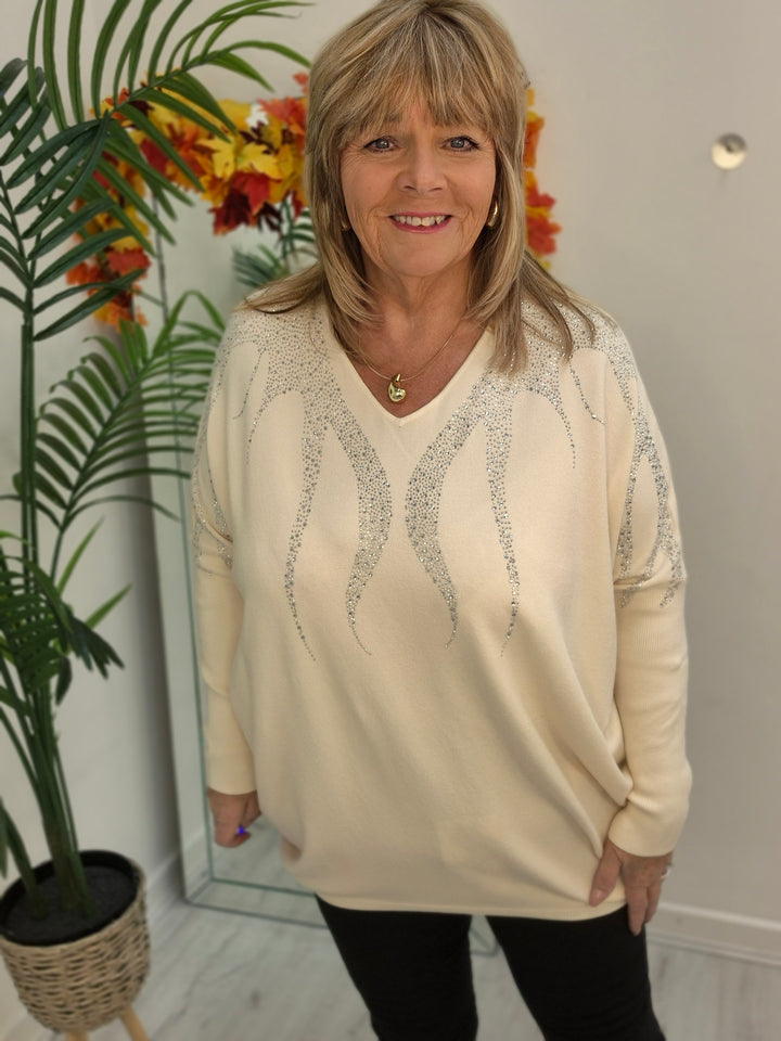 Sasha Sparkle Oversized Jumper - Cream (fitting from Size 14 up to Size 20)