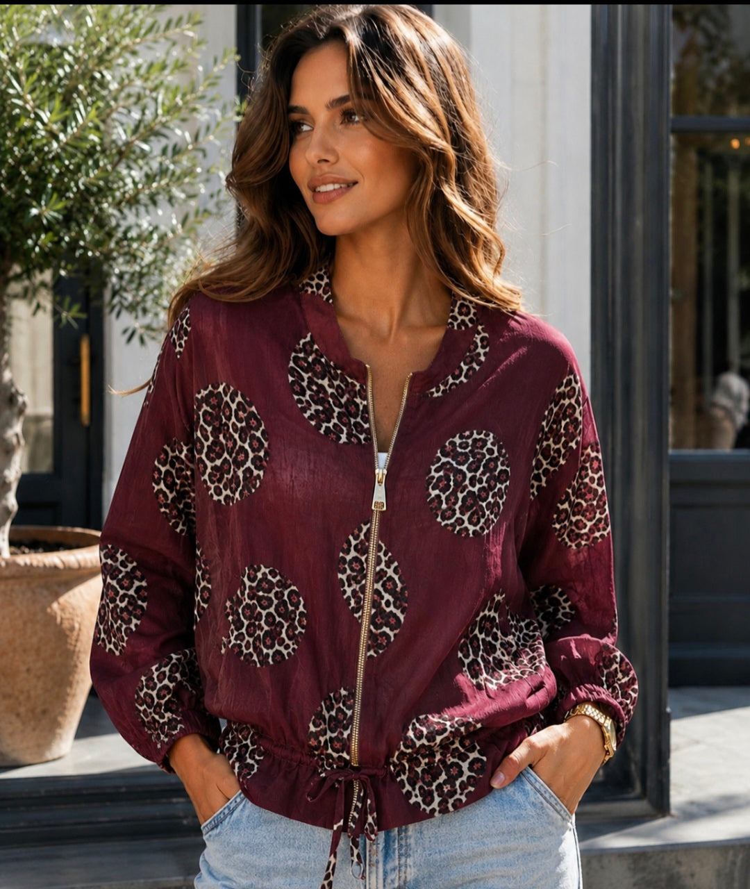 Leopard Bomber Jacket (Gold Tone Zip) - One Size fits Size 10 to Size 16 - Burgundy
