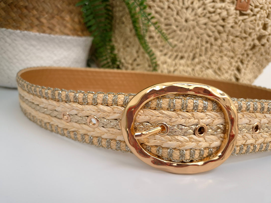 Woven Belt with Large Gold Buckle - Natural/Gold