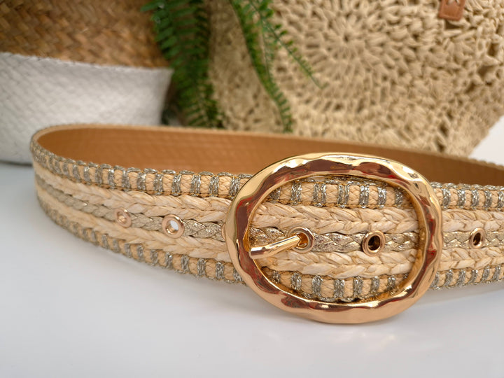 Woven Belt with Large Gold Buckle - Natural/Gold