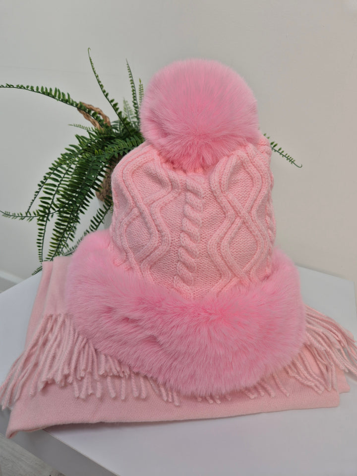 Oslo Faux Fur Pom Pom Cable Hat & Soft Feel Brushed Tassel Scarf Bundle - Candy Pink