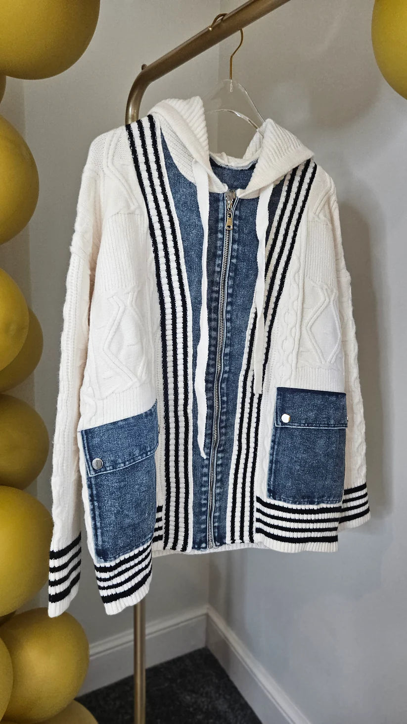 Callie Cable Hoodie with Denim - One Size - fits from Size 12 up to Size 18