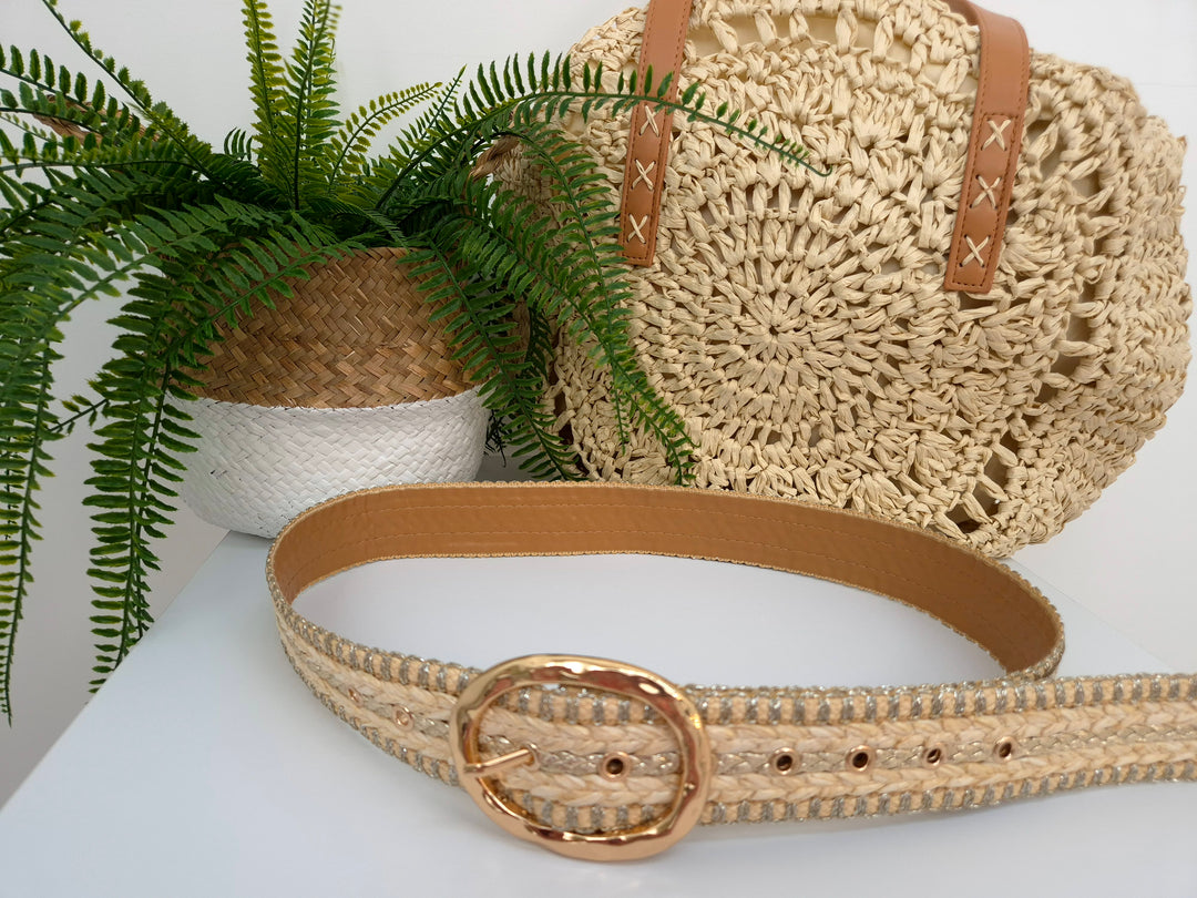 Woven Belt with Large Gold Buckle - Natural/Gold