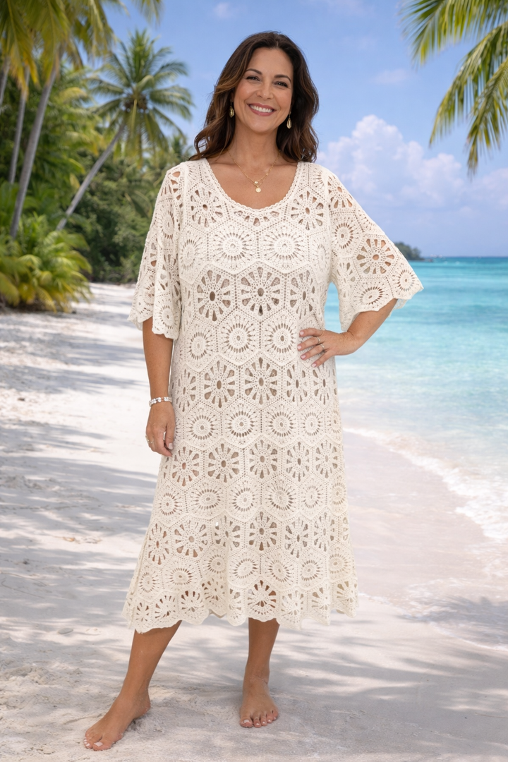 Tuscany Crochet Midi Dress - Cream (One Size/Curvy, fitting from Size 12/14 to Size 18)