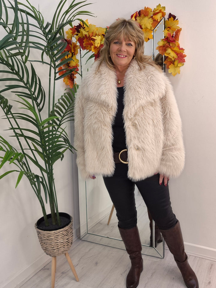 Oslo Faux Fur Shawl Collar Jacket - Creamy Stone (One Size/Curvy - fitting from Size 14 up to Size 18)