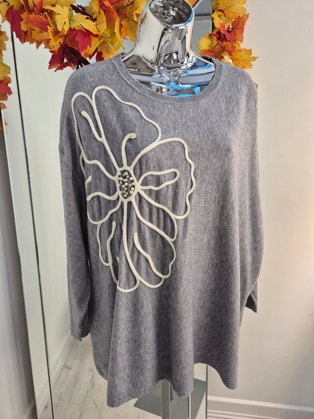 Pearl & Crystal Oversized Jumper - Grey (One Size/Curvy, fits from Size 14 up to Size 18)
