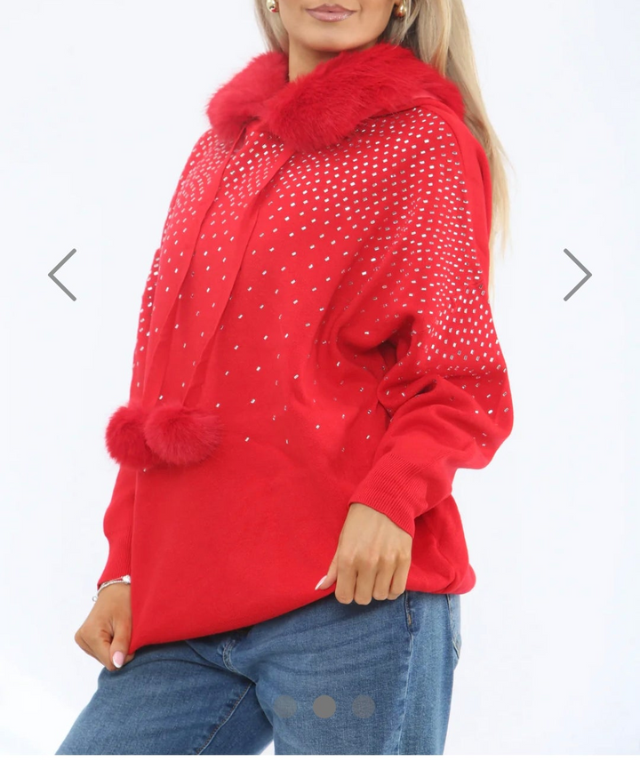 Oslo Faux Fur Sparkly Hoodie - Red (One Size fits from Size 10/12 up to Size 18)