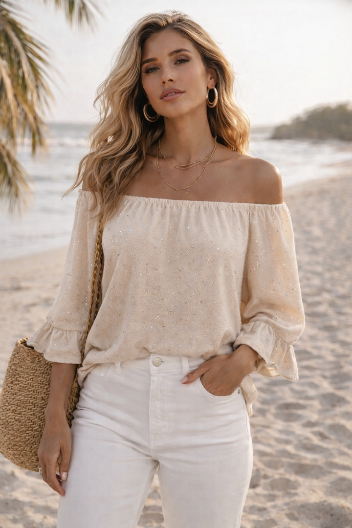 Sparkly Bardot Top - Natural (Curvy - fitting from Size 14/16 to Size 18/20)