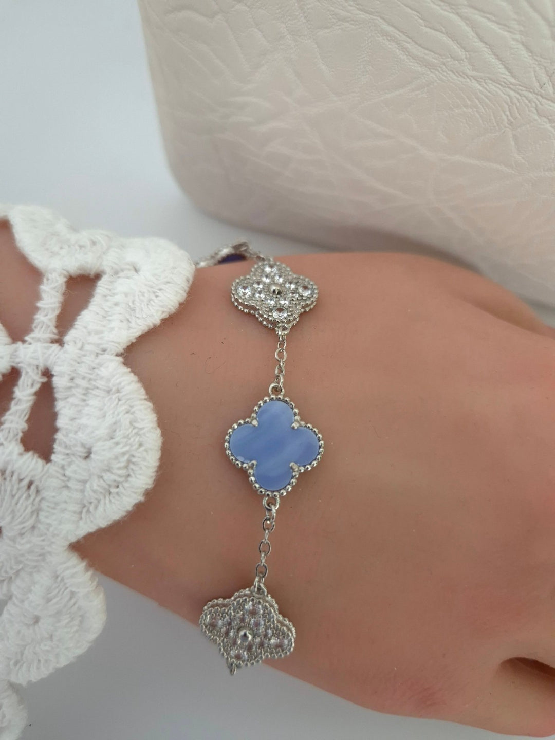 Clover Necklace, Earrings & Bracelet Set - Blue (Silver Tone)