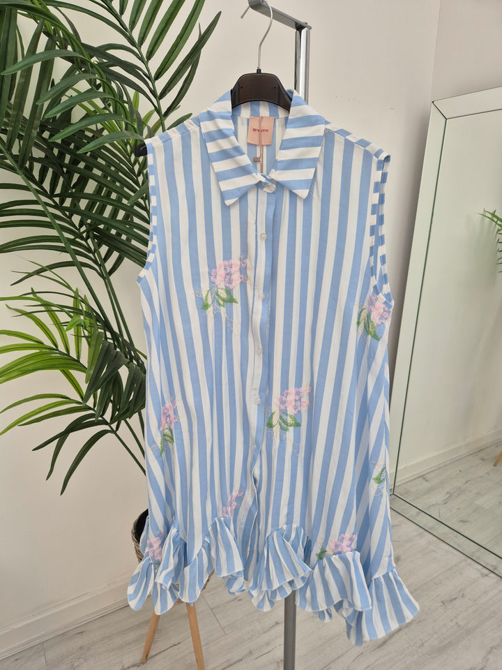 Seville Sleeveless Frilled Hem Dress - (One Size, fitting up to Size 16) - Floral Pale Blue/White Stripes