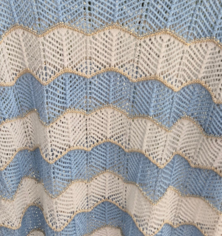Verity Sparkly Zig Zag Crochet Top (Loose Fit/One Size - fits from Size 12/14 up to Size 16/18) - Blue/White/Gold