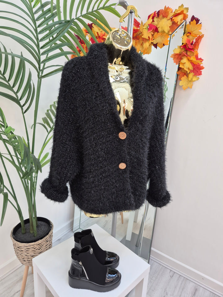 Finley Fluffy Cardigan  - Black (One Size - fits up to Size 14/16)