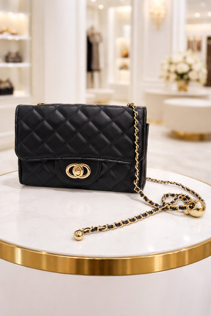 Quilted Faux Leather Turnlock Bag - Black