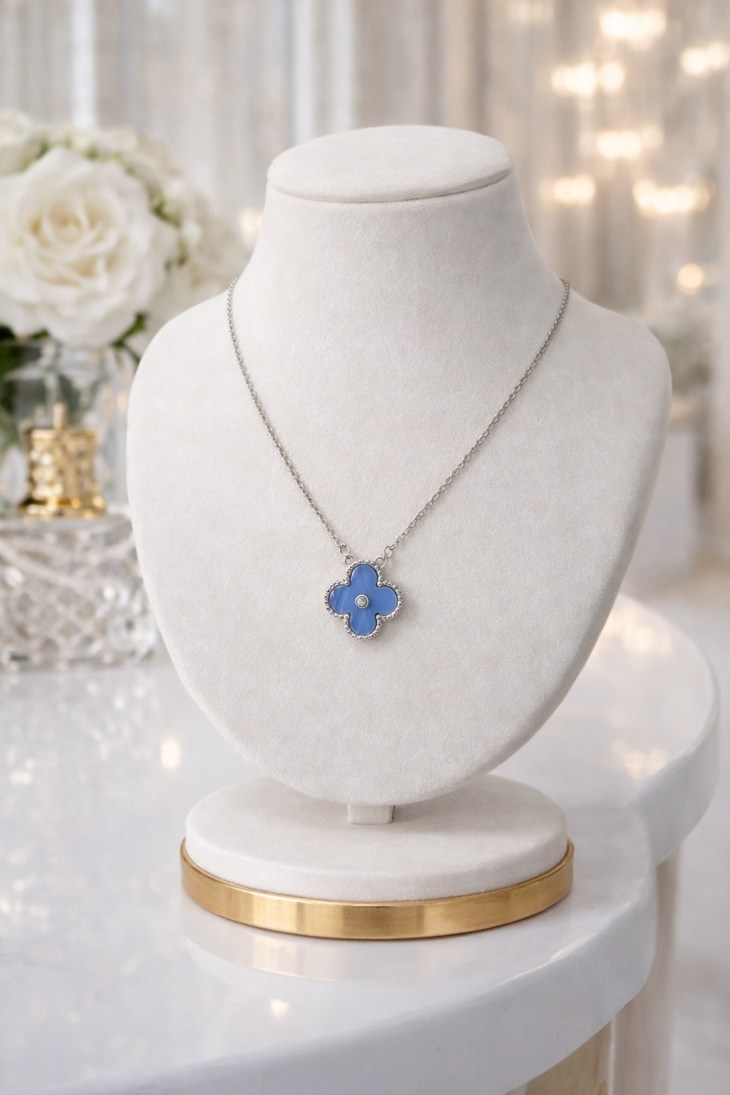 Clover Necklace, Earrings & Bracelet Set - Blue (Silver Tone)
