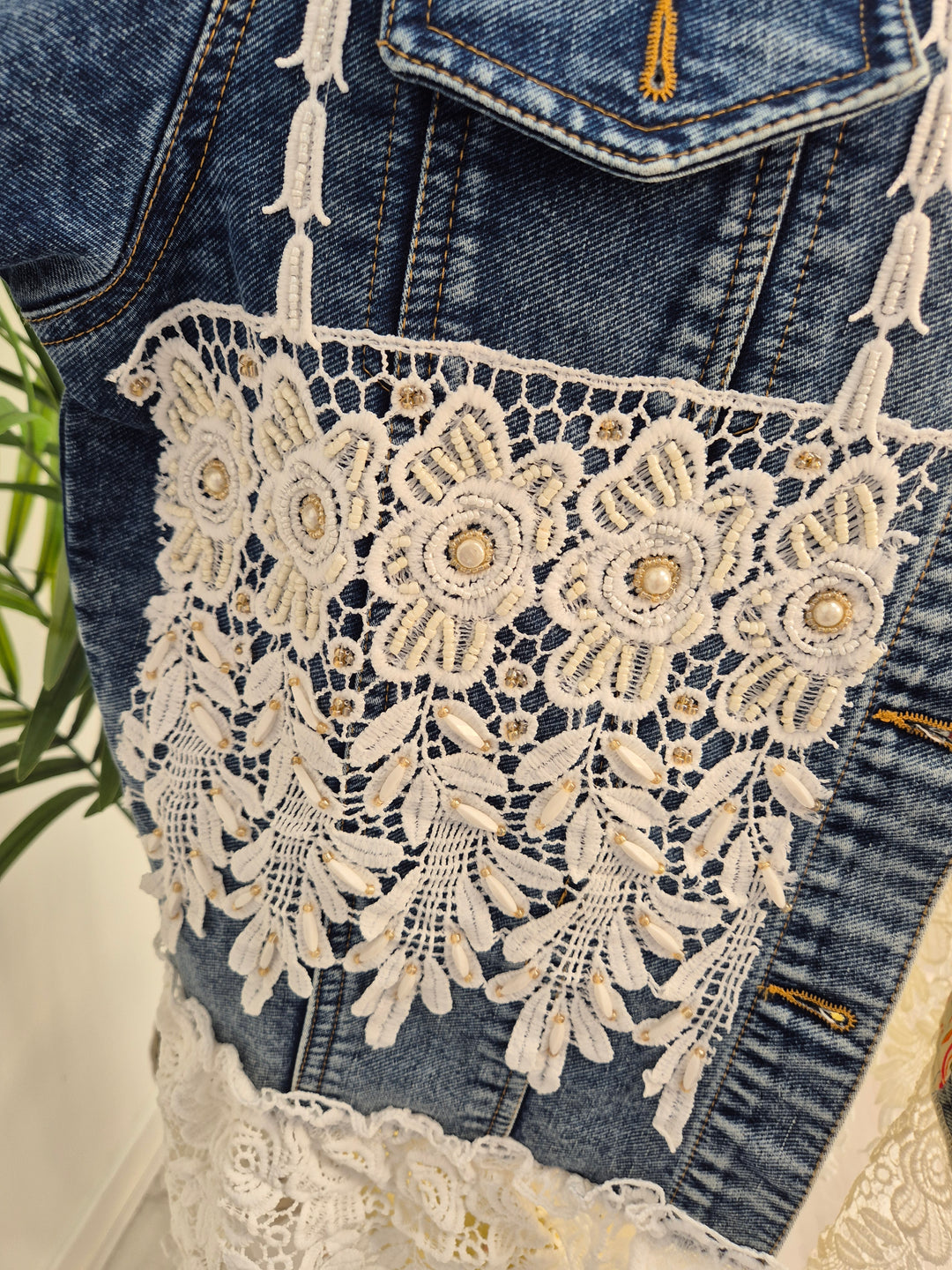 Elle Lace Tassel Denim Jacket - Mid Stonewashed (One Size, fitting from Size 10 up to 14)