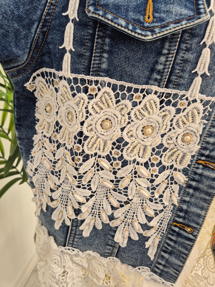 Elle Lace Tassel Denim Jacket - Mid Stonewashed (One Size, fitting from Size 10 up to 14)