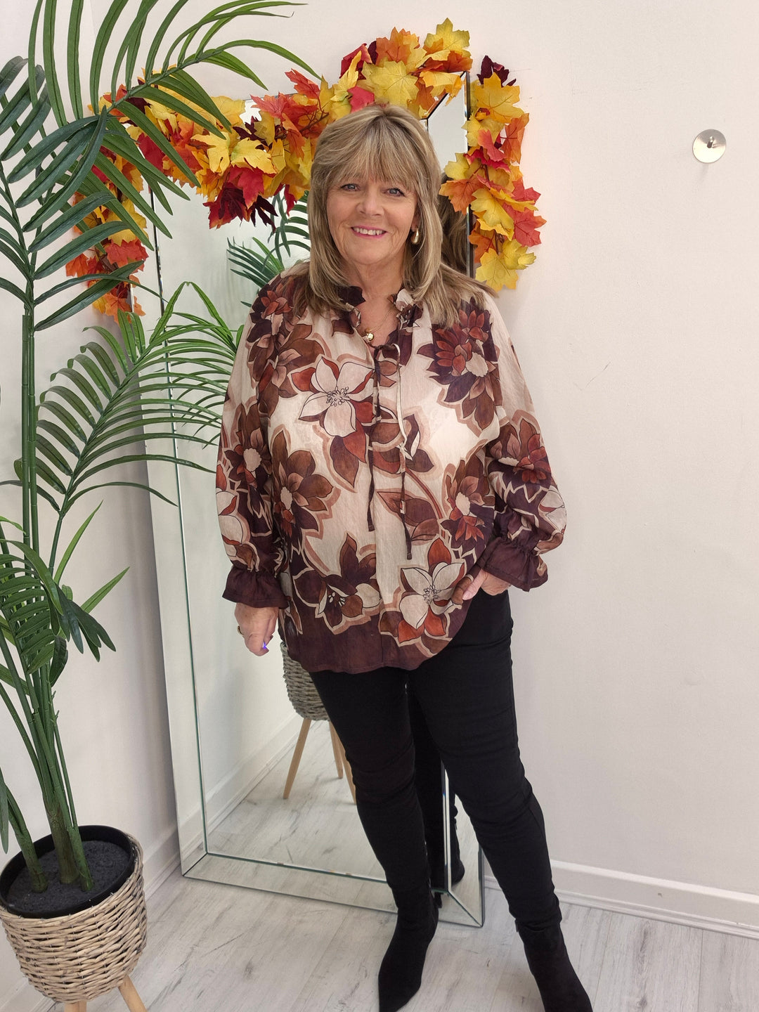 Floral Autumn Blouse - Chocolate/Wine/Stone (fits from Size 12/14 to Size 18/20)