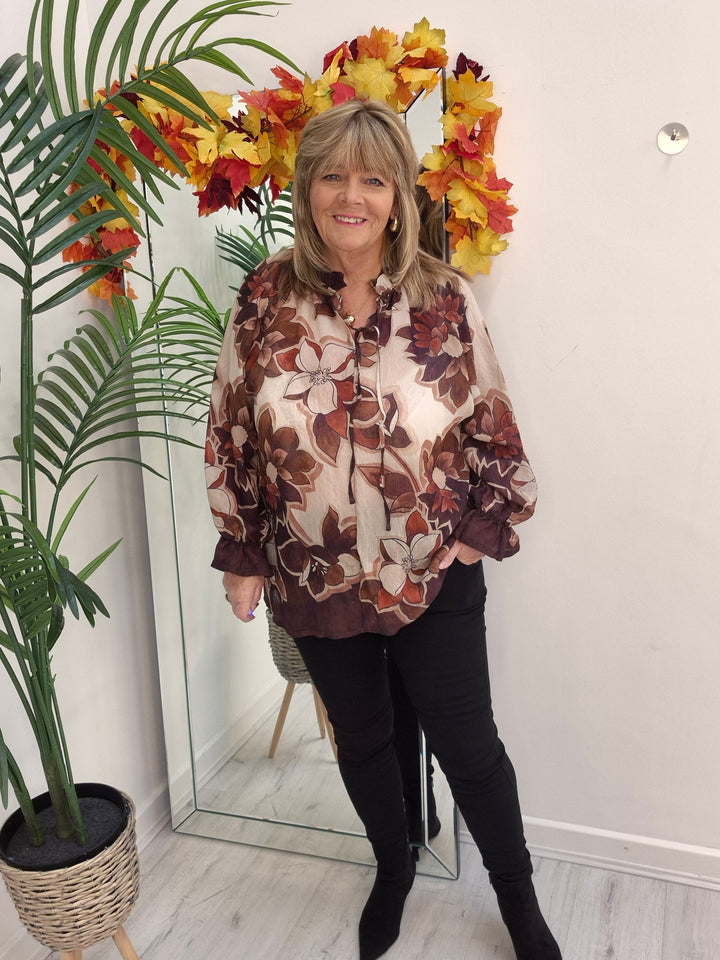 Floral Autumn Blouse - Chocolate/Wine/Stone (fits from Size 12/14 to Size 18/20)