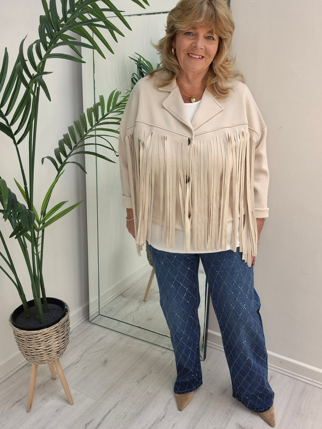 Texas Fringed Jacket  - (One Size fits from Size 12/14 to Size 18) - Beige