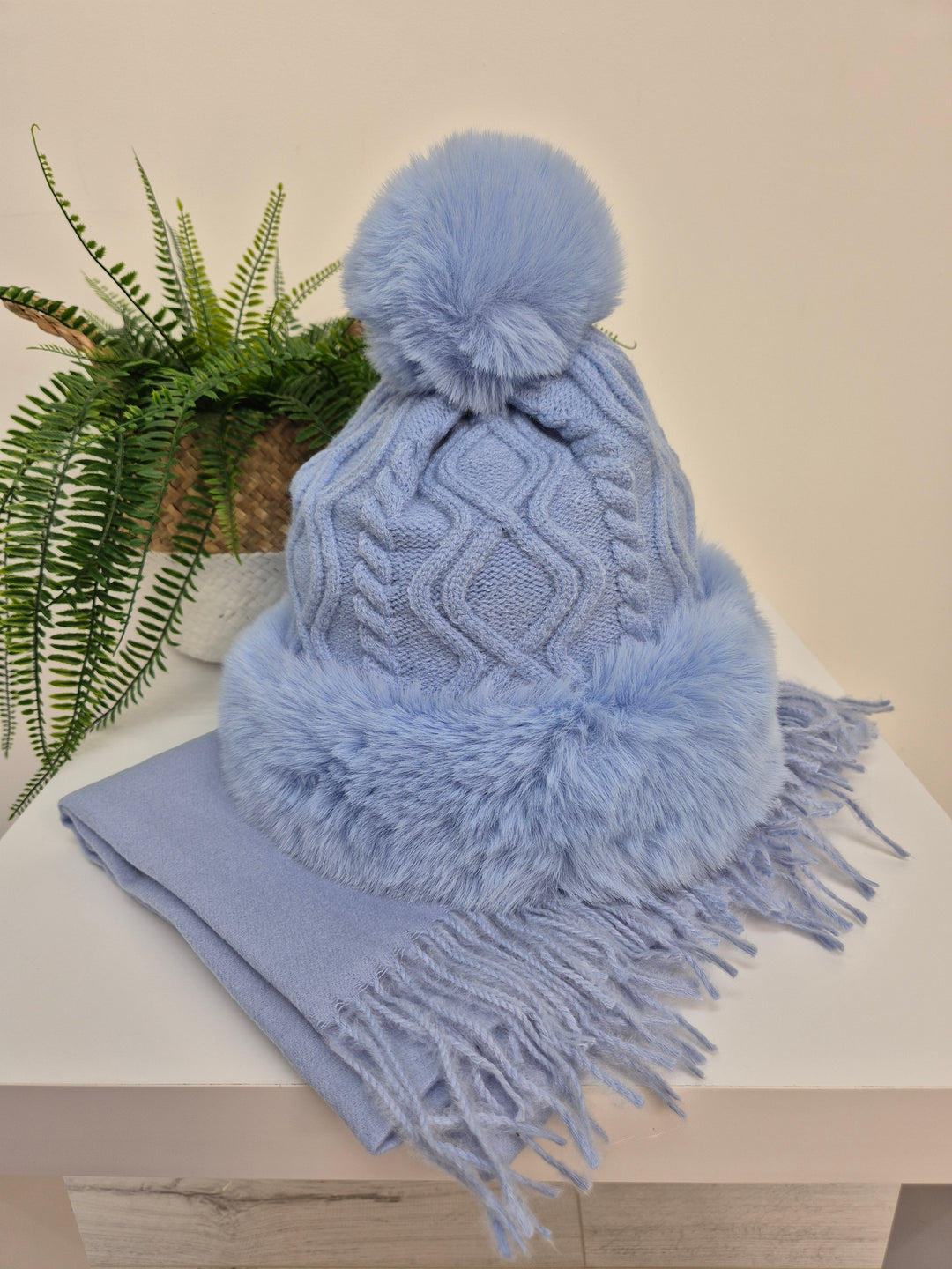 Oslo Faux Fur Pom Pom Cable Hat & Soft Feel Brushed Tassel Scarf Bundle - Powder Blue
