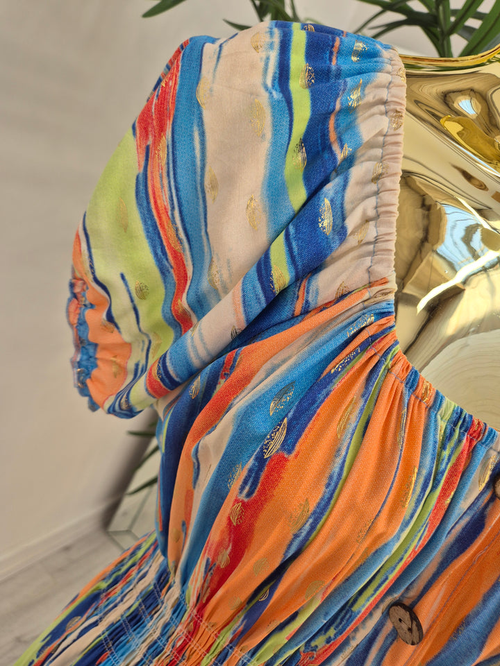 Malaga Midi Dress - Blue/Multi/Gold - (One Size/Curvy, fitting from Size 10 to Size 16/Small 18)